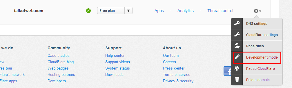 Development Mode of Cloudflare